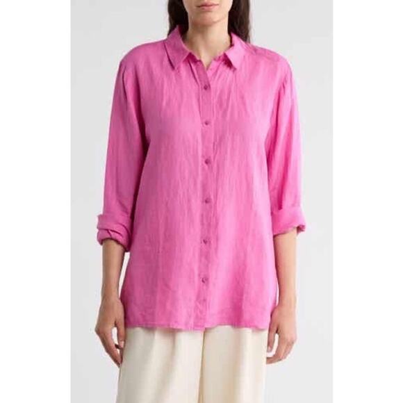 Eileen Fisher Organic Linen Bubblegum Pink Button Down Shirt Classic Medium - Picture 1 of 9